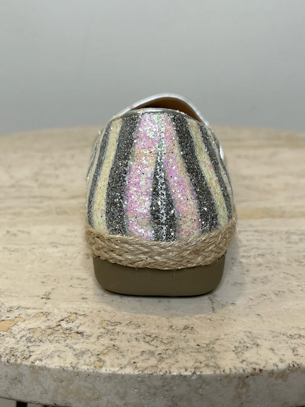 Joan Boyce Glitter Striped Espadrille Flats in Silver and Beige Size 8.5W